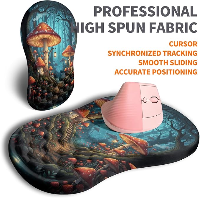 Ergonomic Joint Wrist Support Mouse Pad with Memory Foam Cushion Massage Bump Carpal Tunnel Pain Relief Mousepad Slope Design for Wrist Rest 11.8x7.9 in Mushroom