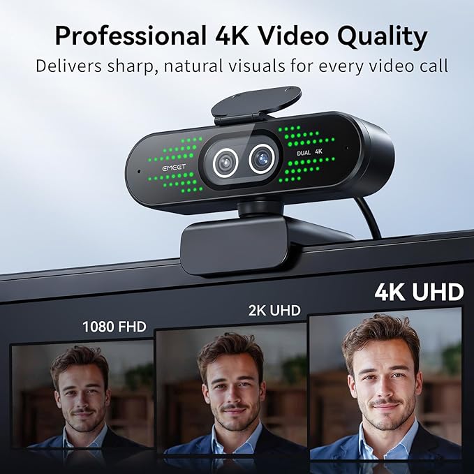 EMEET NOVA 4K Dual-Camera 4K Webcam for PC Wide-Angle and Telephoto Cameras Max 11X Hybrid Zoom PDAF Focus Remote Control RGB Lights Webcam with Microphone for Business or Personal Online Calls