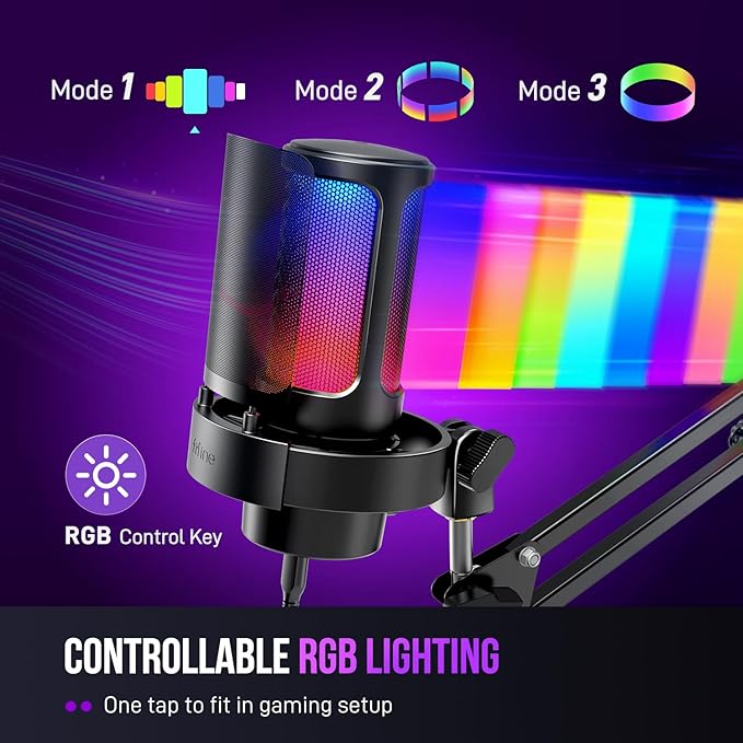 FIFINE USB Gaming Microphone Kit PC Streaming Mic with RGB Lights Mute Gain Knob Metal Boom Arm for Recording Podcast Condenser Computer Microphone Set Compatible with PS4/PS5-AmpliGame A8T