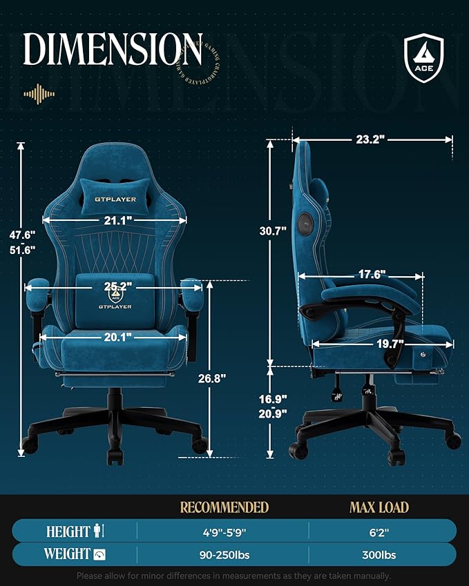 GTPLAYER Gaming Chair with Speakers Video Game Chairs with Footrest PC Gamer Chairs for Adults - Padded High Back Ergonomic Reclining Silla Gamer Linkage Armrest Ace Pro Blue (Velvet)