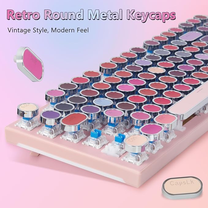 HUO JI Mechanical Gaming Keyboard Typewriter Style with RGB Side Lit and Purple LED Backlit Retro Style Blue Switches - Clicky Metal Panel Lipstick 104 Keys USB Wired for Mac PC Cute Pink