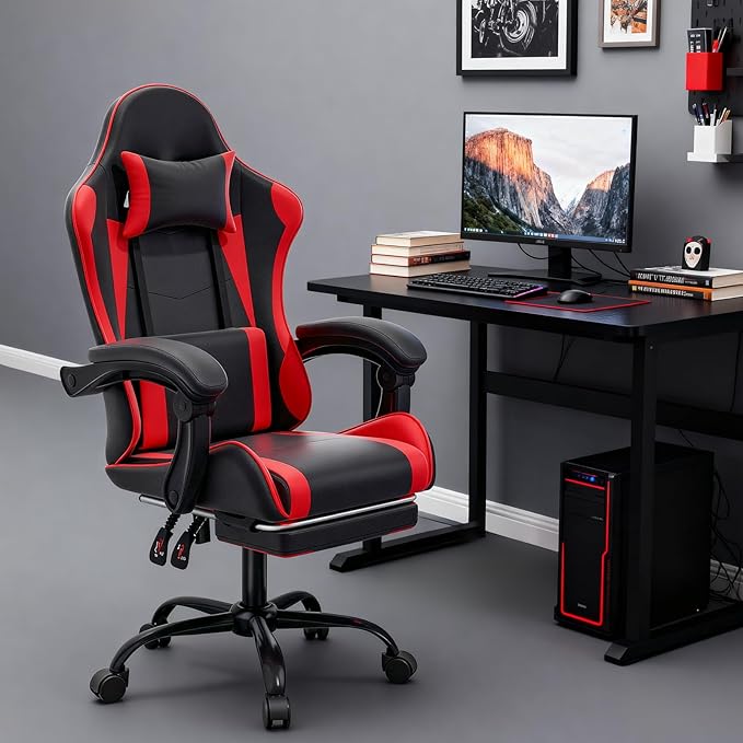 MoNiBloom Gaming Chair with Footrest High Back Video Game Chair with Headrest &amp Lumbar Support Height Adjustable Leather Swivel Computer Chair for Adult Teen Office or Gaming Red
