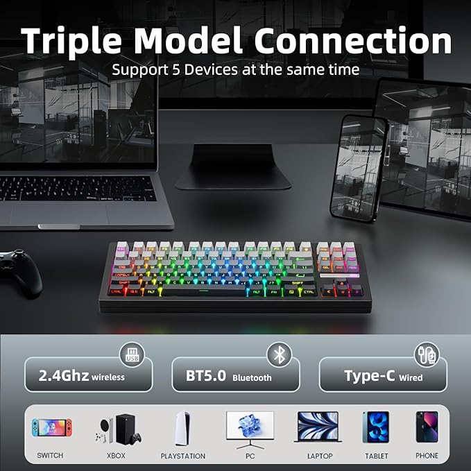 ZORNHER ZH870 Wireless Mechanical Gaming Keyboard80% Black Custom Creamy Sound Keyboard with Shine Through PBT KeycapsPre-lubed Linear SwitchesHot-SwappableRGB Backlit2.4GHz/USB-C/BT5.0