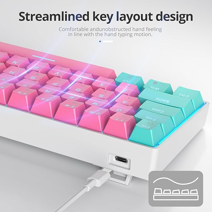 surmen 65% Percent Gaming Keyboard Mechanical with Linear Red Switch 68-Keys Pink Mini Gaming Keyboard 60 Percent LED Light Backlit PBT Keycaps for Laptop Desktop PC Gamers (68 Miami)