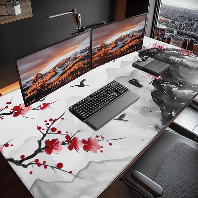 3XL Extended Gaming Mouse Pad -Watercolor Cherry Blossom 24x48 Inch Mouse Mats Desk PadLarge Desk MatExtended Keyboard Mousepad with Non-Slip Base and Stitched Edge for Home Office
