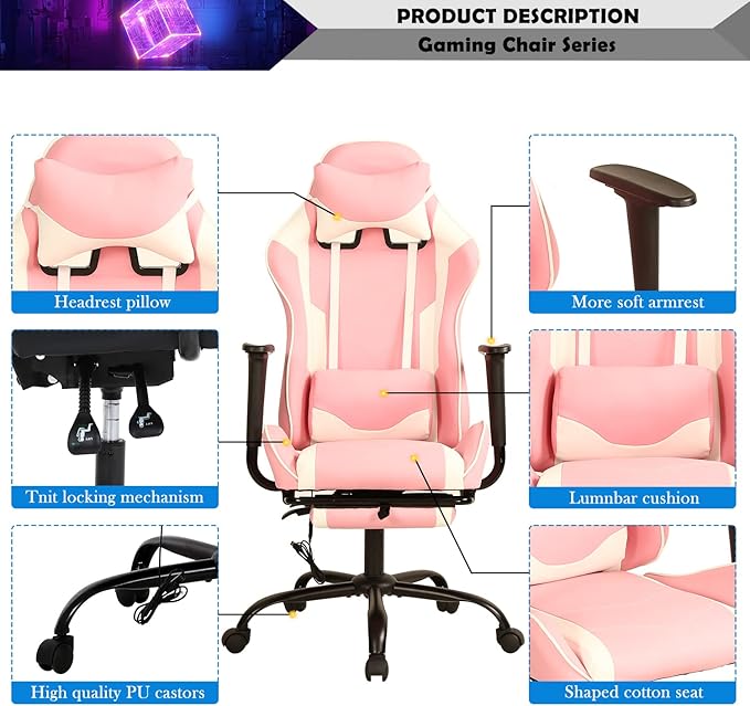 Gaming Chair Racing Style Office Computer Game Chair Ergonomic Desk Chair with Headrest Lumbar SupportHigh Back Gamer Office Chair Massage Recliner Video Game Chairs for Kids or AdultsPink
