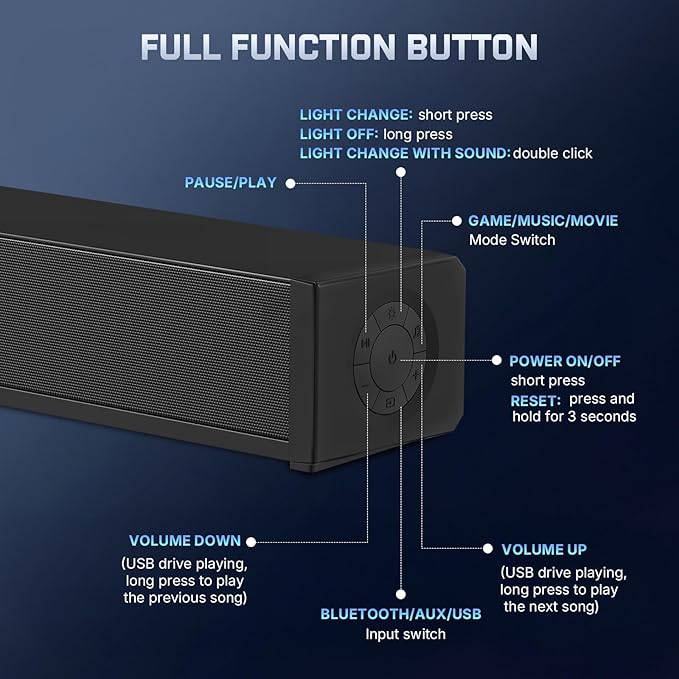 Wohome 2.1 Computer Speakers for Desktop PC Bluetooth 5.3 Computer Sound Bar with HiFi Sound 7 RGB Light Modes DC Powered Laptop Speakers with 3.5mm AUX-in/USB Connected for Game Music and Movie