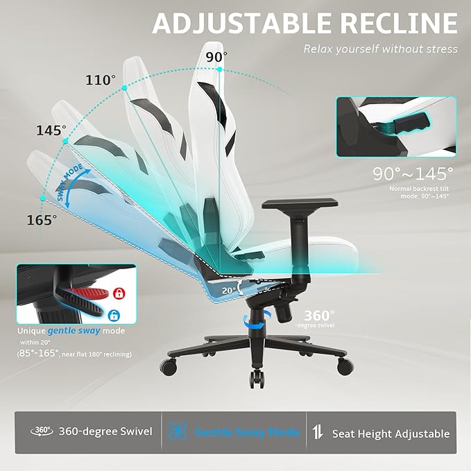 Ergonomic Gaming Chair Wyrdforging Computer Desk Chairs 4D Armrests High Back Office Chair With Headrest &amp Lumbar Pillow Tilt Rocker Recliner Heavy-Duty Base White PU Leather &amp Black Sue