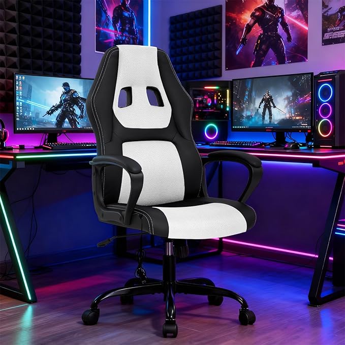 BestOffice Gaming Chair with Massage Ergonomic Office Desk Chair Adjustable Lumbar Support &amp HeadrestComputer Task Chair 360° Swivel for Adults (White)