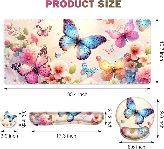 Gaming Mouse Pad Large Desk Mat Cute Desk Pad Protector 4in1 XXL Mousepad + Keyboard Wrist Rest+Mouse Wrist Rest+Coaster Set with Ergonomic Desk Pad for Home Office PC Computer Butterflies Flowers
