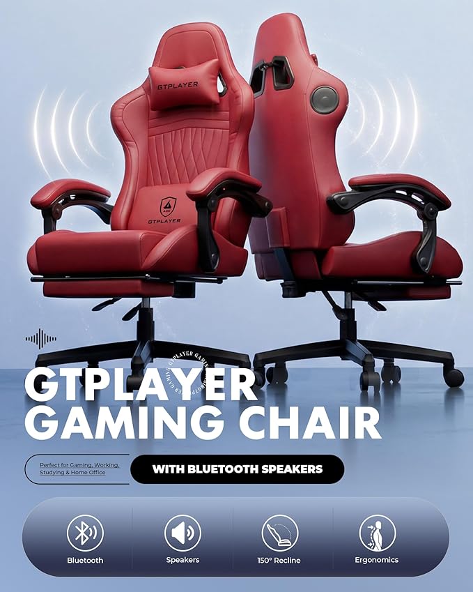 GTPLAYER Gaming Chair for Adults Ergonomic Video Game Chairs Footrest &amp Linkage Armrest Reclining High Back Silla Gamer with Speakers for Home Office Ace Pro Wine Red