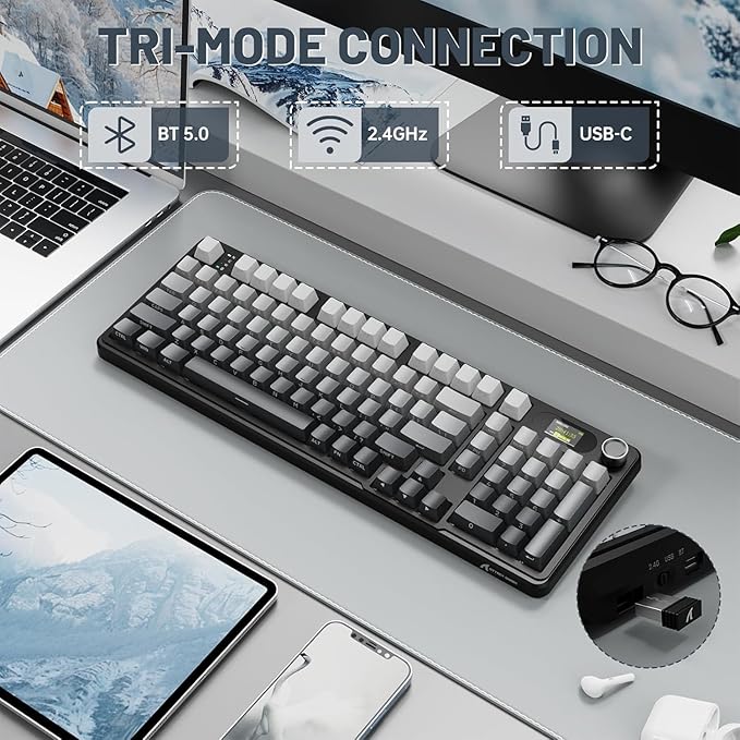 MAMBASNAKE Attack Shark X98 Pro Wireless Mechanical Keyboard with Screen &amp Knob2.4G/USB-C/BT5.0 Gasket Hot Swappable Creamy Keyboard102 Keys Web Driver RGB Gaming Keyboard for PC/Mac/PS4/Xbox