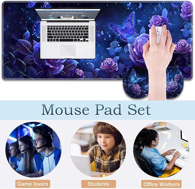 Large Gaming Mouse Pad + Wrist Rest + Lace Coaster Non-Slip Set with Sewn Edges and Waterproof Expandable Desktop Pad Suitable for Office/Home Purple Roses and Butterflies