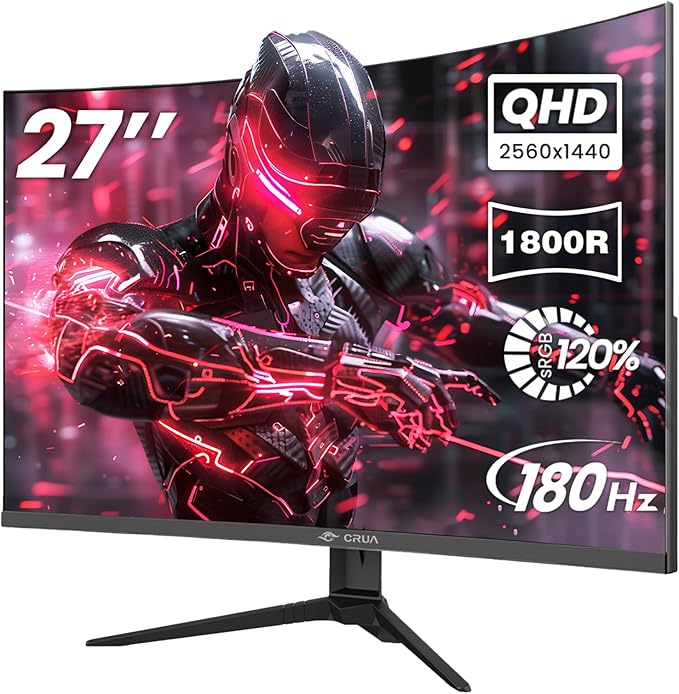 CRUA 27 Curved Gaming Monitor 2k QHD(2560*1440P) VA Screen 1800R 165Hz/180Hz Computer Moniter Supports AMD Freesync 120% sRGB Built-in Speakers Wall Mountable Installs(HDMI 2.0/DP 1.4)-Black