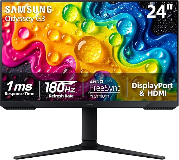 Samsung Odyssey G24 inch FHD Gaming Monitor 180Hz 1ms AMD FreeSync Black Equalizer Virtual Aim Point Eye Care Flicker-Free Game Mode HDMI &amp DisplayPort Tilt/Height/Swivel Adjustment Bla