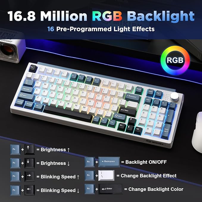 K98 Wireless Mechanical KeyboardTri-Mode BT5.0/2.4GHz/USB-C Hot Swappable Custom KeyboardGasket StructureRGB Backlit Gaming Keyboard for Win &amp Mac(White&ampBlueCocoa-V2 Switch)