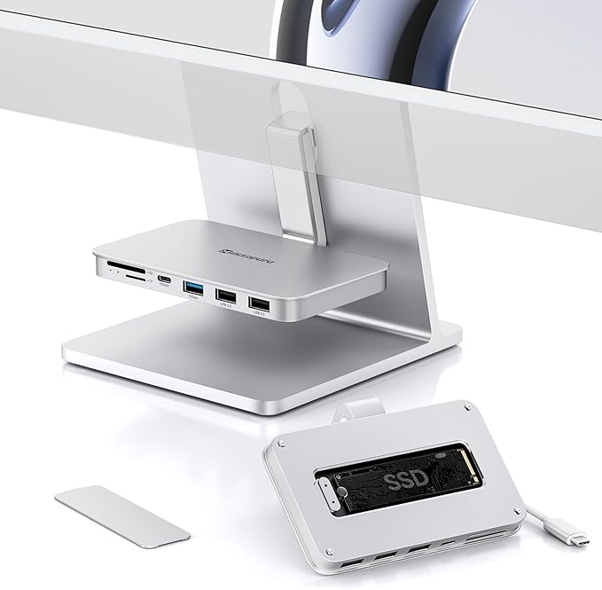 Minisopuru iMac Hub - Compatible with iMac 24 inch M1/M3/M4 and Studio Display 27 inch Accessories Support Max 10Gbps M.2 SSD (SSD Not Included) USB A/C 10Gbps SD/TF Silver.
