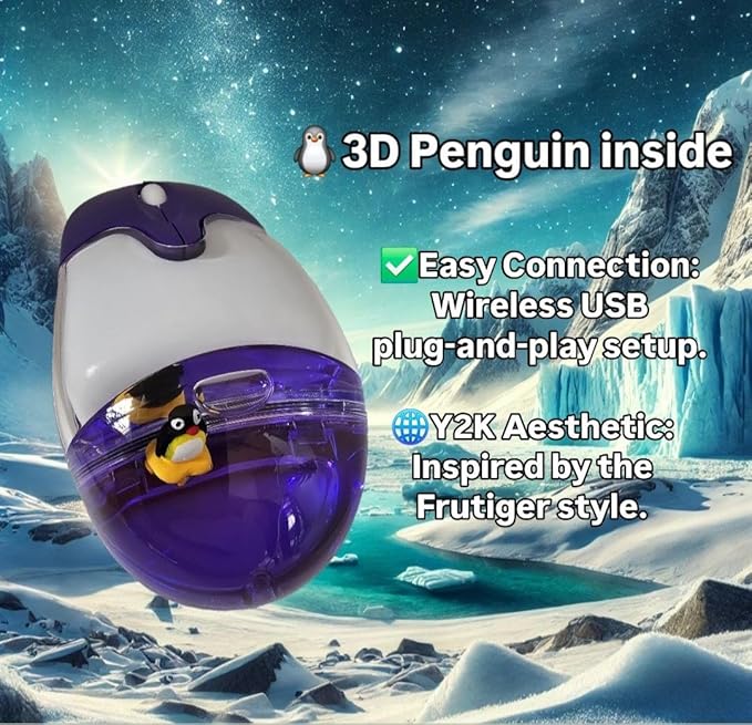 Wireless Aqua Mouse with Penguin Frutiger Aero Design 3D Purple USB Plug and Play Battery Powered