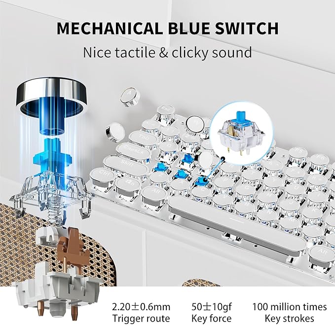 EWEADN TK950 Typewriter Keyboard Wireless Mechanical Keyboard 104 Keys Aesthetic Typewriter Keyboards with White Backlit Anti-Ghosting Blue Switch Bluetooth/2.4GHz/Wired Keyboards-White