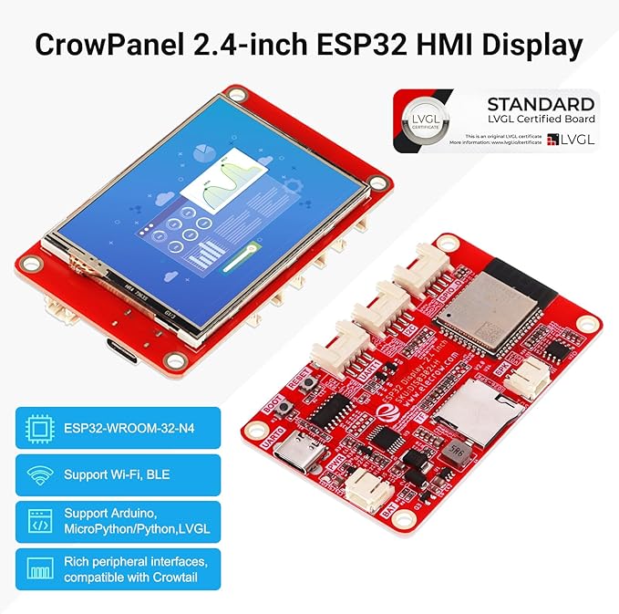 ELECROW ESP32 Display 320×240 2.4 Inch HMI Touch Screen SPI TFT LCD Touchscreen with Acrylic Case 32-Bit LX6 Dual-Core Processor Up to 240MHz Compatible with Arduino LVGL PlatformIO MicroPython
