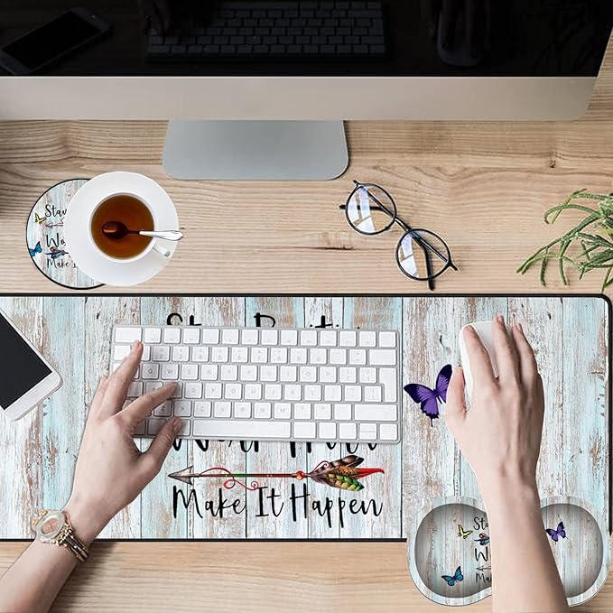 Large Game Mouse Pad + Wrist Support Pad + Coffee Coaster Stay Positive Work Hard and Make It Happen Foldable Table Mat with Stitched Edge Non-Slip Set Pad Suitable for Office Work and Home