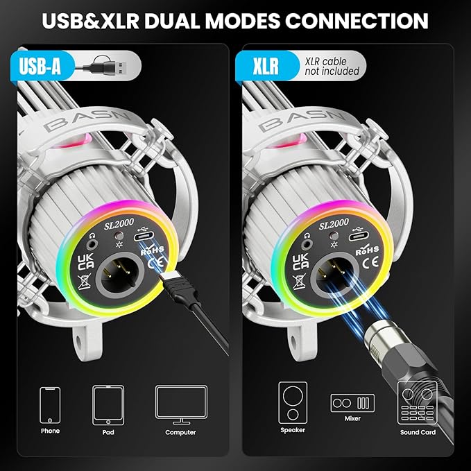 BASN USB/XLR SL2000 Dynamic Microphone and Bsinger 2nd Generation Dual Dynamic Drivers in Ear Monitor Headphones Set for Podcast Live Streaming Gaming Recording