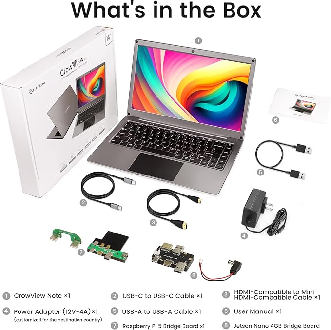 Portable Monitor with Keyboard14inch 1080P FHD Lapdock Compatible with Mini PC/Phone/PC/Game ConsoleCrowView Note with RPi5 &amp Jetson Adapters(Full Feature TypeC &amp HDMI Cable Included)