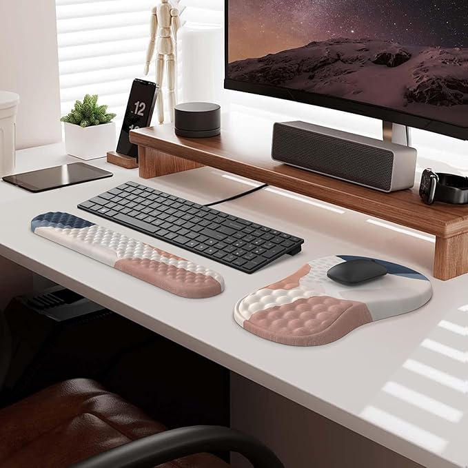 HAOCOO Ergonomic Mouse Pad with Wrist Rest and Keyboard Wrist Rest Set 3 PCS Computer Carpal Tunnel Mouse Pads for Desk with Coaster Memory Foam Mousepad Support for Office Women Boho Navy Pink