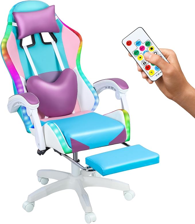 Pink Gaming Chair with Lights Ergonomic Massage Computer Chair Height Adjustable Girls Video Game Chair with 360° Swivel Seat ＆ Headrest Supports 300lbs for Home Office (Purple)