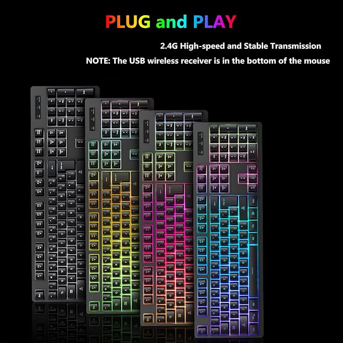 Wireless RGB Gaming Keyboard and Mouse - Rechargeable RGB BacklitLong Battery LifeMechanical Feel7 Color Gaming Mouse for PC Game and Work