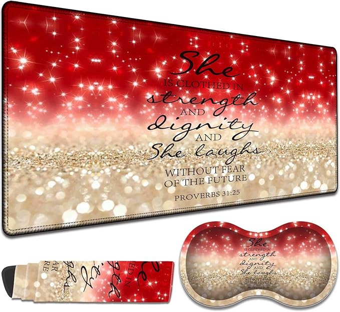 TCG Gaming Pad + Wrist Pad Set MTG Play Mat Office Mouse Pad 24 x 14 Table Mat Edge Stitched Non-Slip Base - Red Glitter Quote Proverbs 31-25
