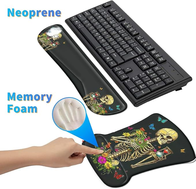 Ergonomic Mouse Pad with Wrist Support Gel Mousepads and Upgrade Keyboard Wrist Rest Pad Set Coasters Non-Slip PU Base Mouse Mat for Office Gaming Computer Laptop Flower Butterfly Skull