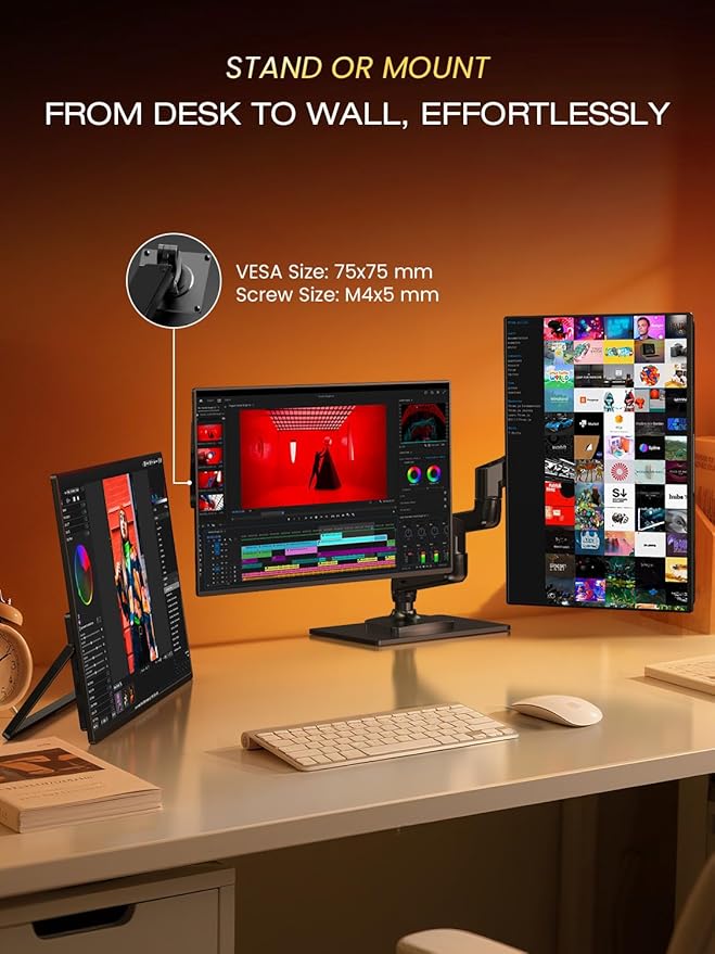 UPERFECT 24.5 Portable Monitor 240Hz Gaming Monitor 2000:1 Contrast FreeSync 0.1ms Fast IPS Large Screen Built-in 180° Adjustable Stand/VESA USB-C HDMI Second Screen for Laptop Phone Game Console