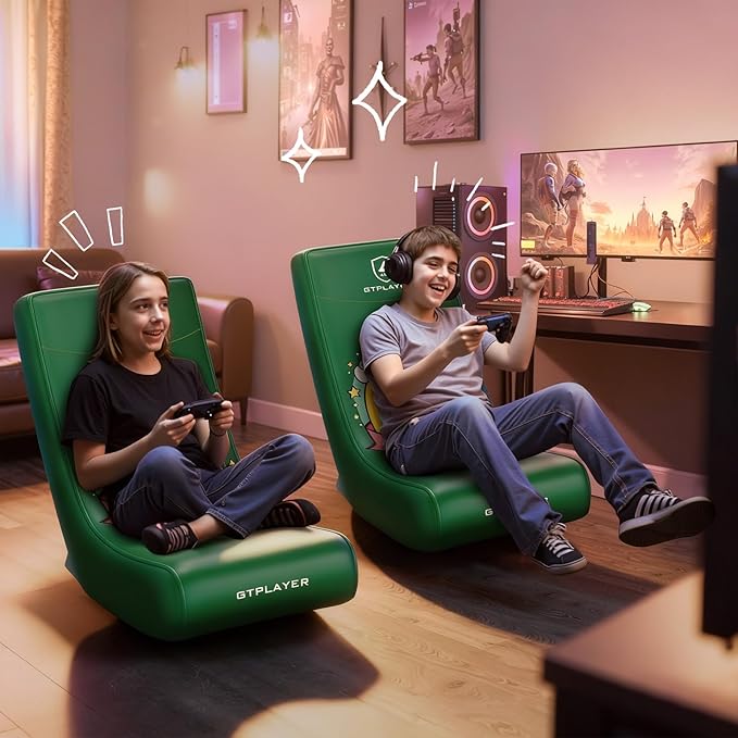 GTPLAYER Gaming Floor Rocking Chair – Rocker Floor Game Chair with Angle Limiter Stylish Patterned Design Comfortable Video Game Seat Green Cat Pattern