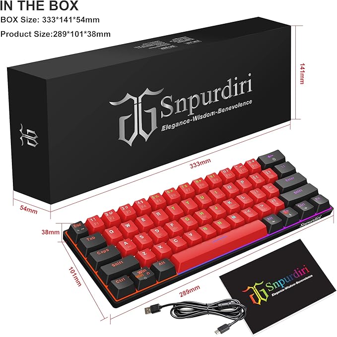 Snpurdiri 60% Wired Mechanical Gaming Keyboard LED Backlit 60 Percent Gaming Keyboard for Windows Laptop PC Mac (Black-Red Blue Switches)