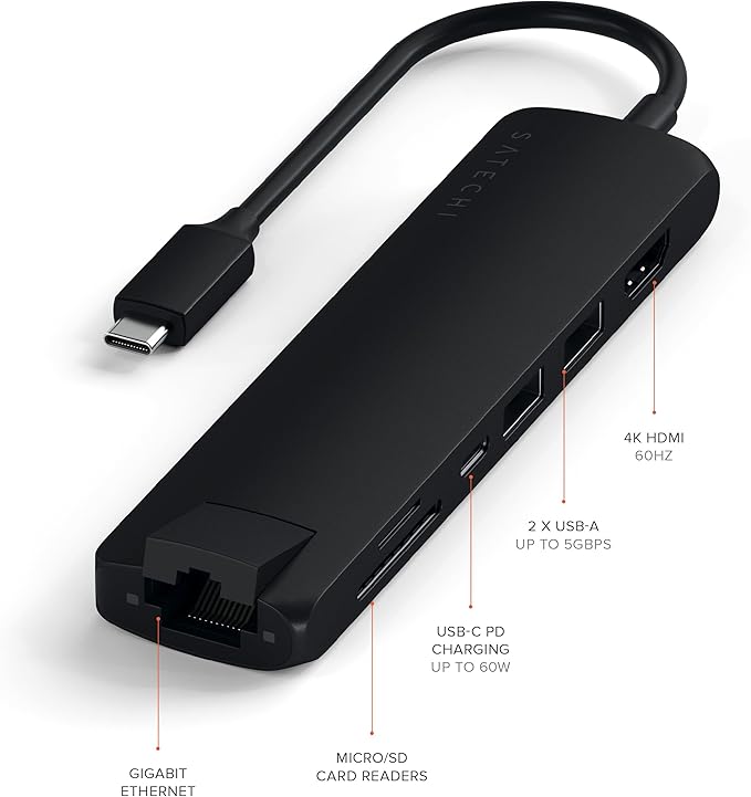 Satechi USB C Hub Multiport Adapter with 4K HDMI 60W USB C PD Charging 2X USB-A Ethernet Micro/SD Card Readers for MacBook Windows - Black