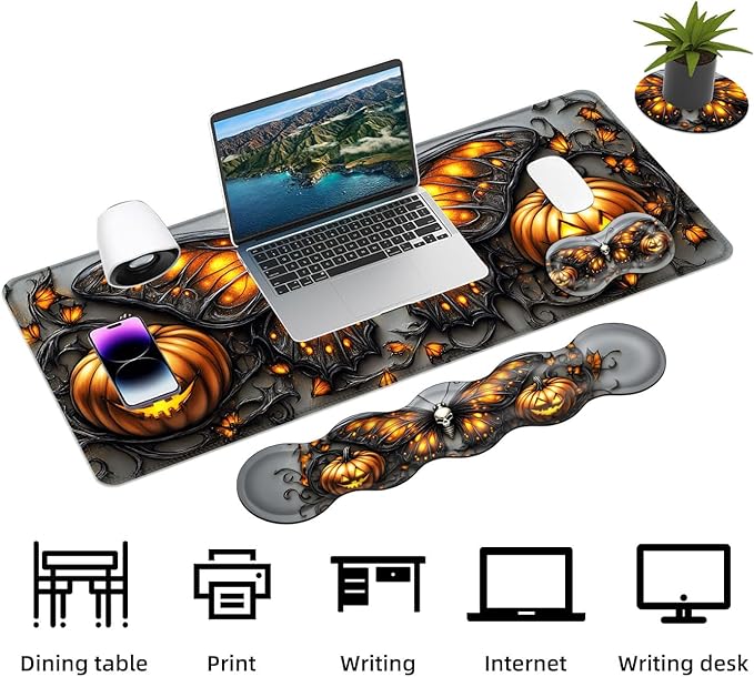 Keyboard Mouse Pad Set Extended Gaming Mouse Pad+Ergonomics Keyboard Wrist Rest Support Memory Foam Easy Typing Pain Relief 4Pcs XL Ultra Thick Desk MatHalloween Butterfly Pumpkin