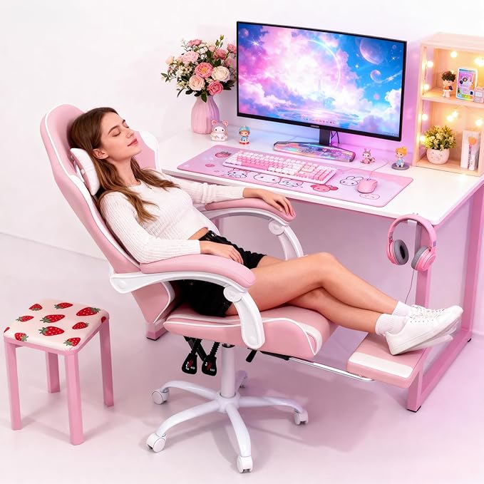 MoNiBloom Gaming Chair with Headrest &amp Lumbar Support Ergonomic Computer Racing Chair with Footrest Adjustable Hight Leather Swivel Computer Chair for Adult Teen Office or Gaming