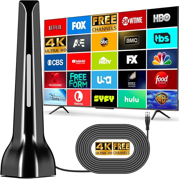 TV Antenna for Smart TV Indoor Long Range Digital HDTV Antenna for Local Channels in 4K 1080p - 360° Reception with Strong Magnetic Base Easy Setup for Free Over-The-Air Channels No Cable