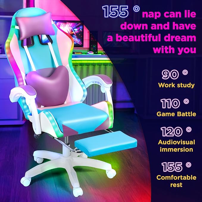 Gaming Chair with LED Lights Adjustable Gaming Chairs for Adults Ergonomic Massage Computer Chair with Load 300LBS 360° Swivel Seat Retractable Footrest Video Gamer Chairs Pink Purple