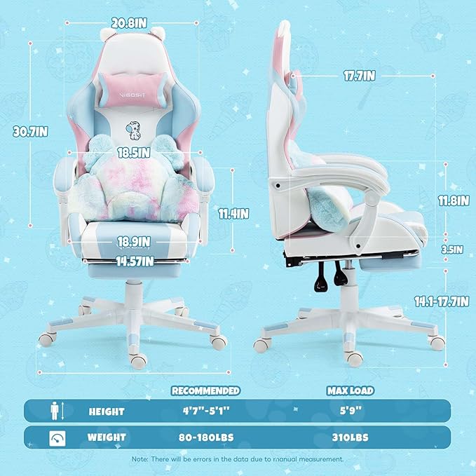 【Gaming Chair with Paw Cushion】 Kawaii PC Gamer Chair for Girls Teens Adjustable Height &amp 90-155° Recline 360° Swivel with Retractable Footrest (BluePink)