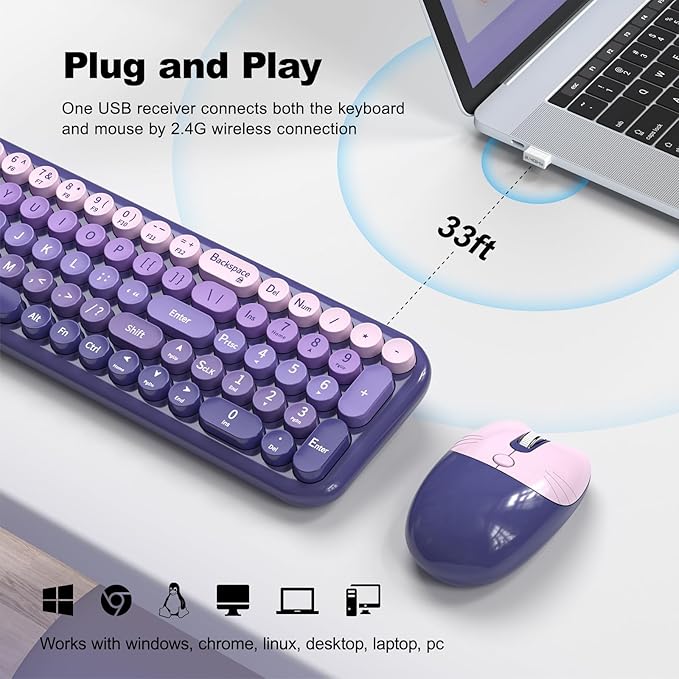 Wireless Keyboard and Mouse Combo MOWUX Compact Typewriter Retro Round Computer Keyboard Cute Optical Mouse Wireless Plug and Play for Laptop PC Computer- Purple Gradient
