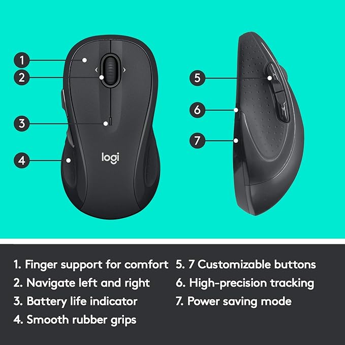 Logitech M510 Wireless Mouse 2.4 GHz with USB Unifying Receiver 1000 DPI Laser-Grade Tracking 7-Buttons 24-Months Battery Life PC/Mac/Laptop - Graphite
