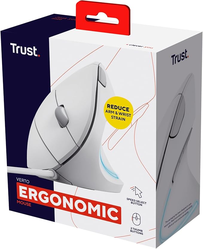 Trust Verto Wired Ergonomic Mouse Vertical Mouse with LED Illumination Reduces Arm Strain 1000-1600 DPI 6 Buttons for Right Hand Users 1.5m USB Cable Computer Mouse for PC Laptop. Mac - White