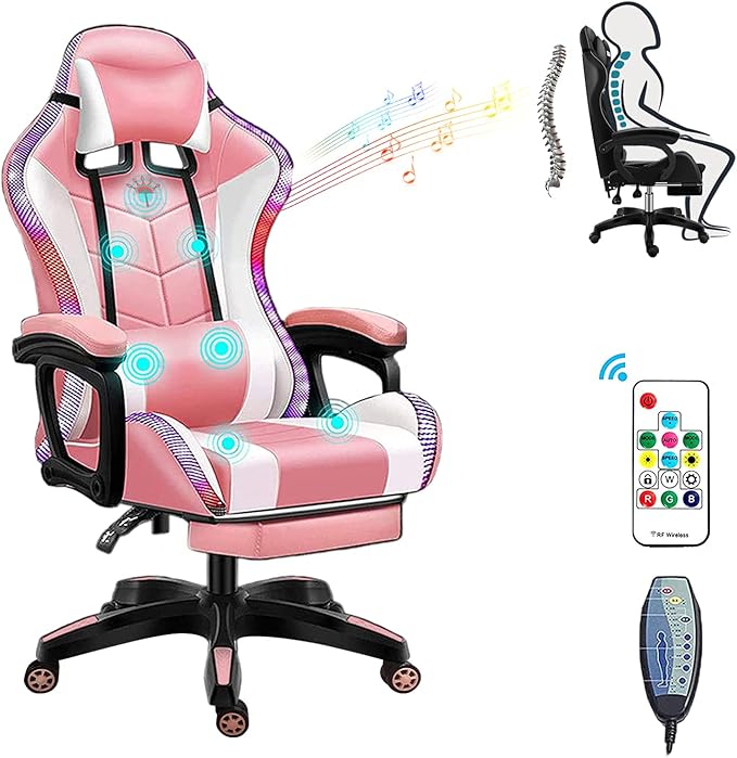 XOOFMASS RGB Gaming Chair with Massage and Footrest Large Ergonomic Computer Desk Chair Video Gaming Chair with Speakers and LED Light Effect 90°-135° Adjustable Reclining Gamer ChairPink