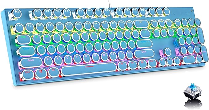 Typewriter Style Mechanical Gaming Keyboard Blue Retro Punk Gaming Keyboard with 9 True RGB Backlight Modes 104 Keys Blue Switch Wired Cute Keyboard Round Keycaps for Windows/Mac/PC