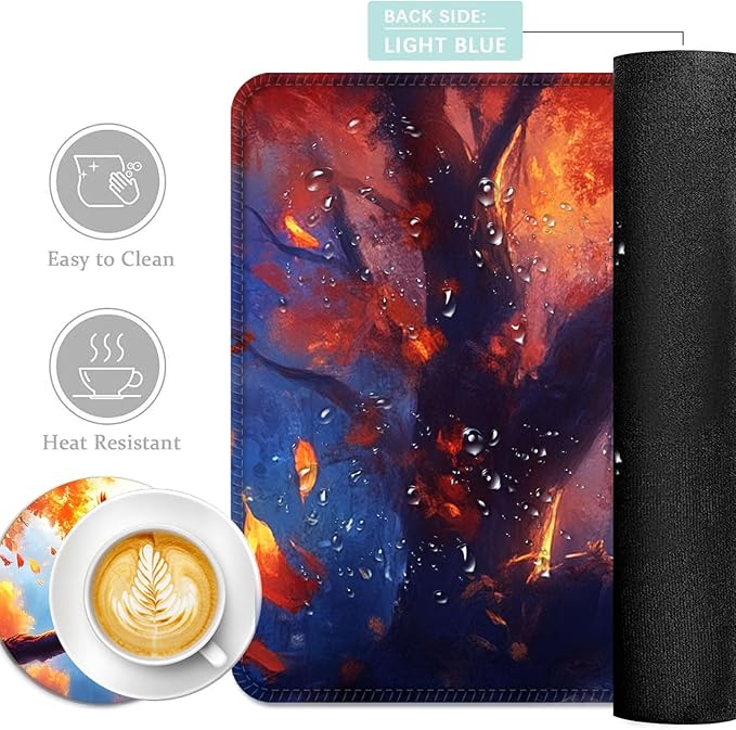 Keyboard Mouse Pad Set Extended Gaming Mouse Pad+Ergonomics Keyboard Wrist Rest Support Memory Foam Easy Typing Pain Relief 4Pcs XL Ultra Thick Desk MatAutumn Owl Falling Leaves