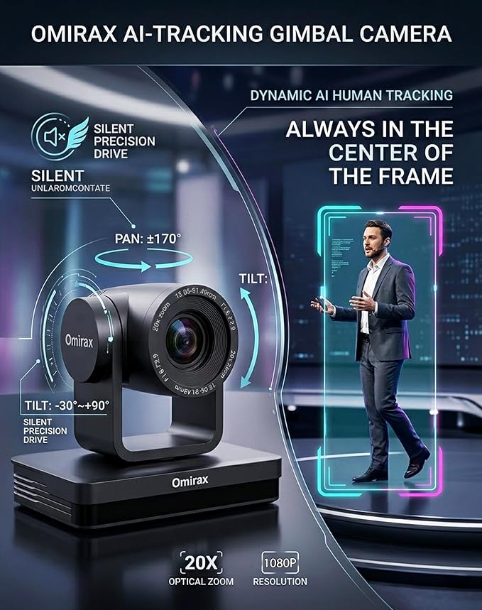 1080P PTZ Camera with AI Auto Tracking 20X Optical Zoom 3G-SDI/HDMI/USB3.0/IP/PoE RS232/RS422/RS485 Remote Included Professional Live Streaming Camera for Church &amp Conference