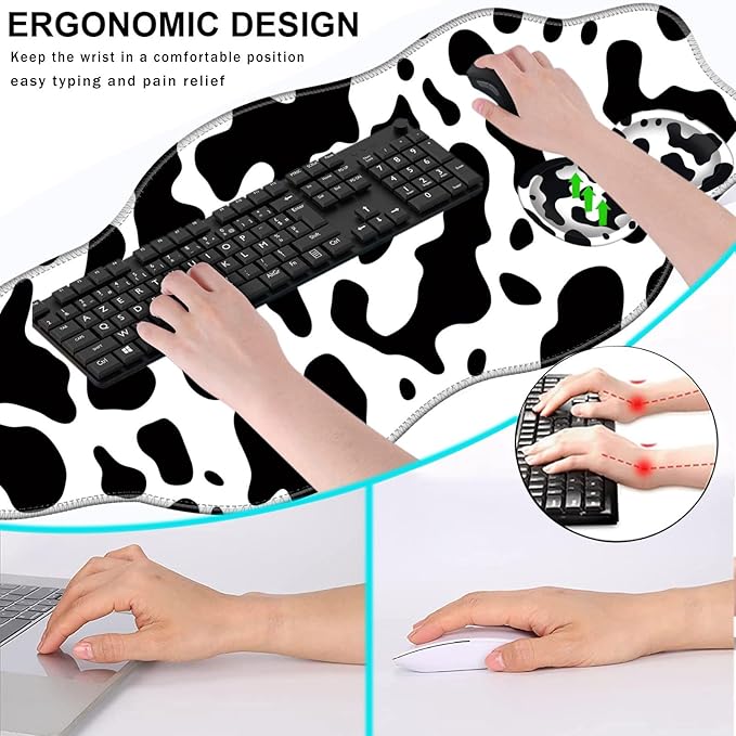 Mouse Pad with Wrist Support + Desk Mat + Coaster 3 in 1 Set XXL Large Gaming Mousepad Ergonomic Mouse Pads for Desk Computer Laptop OfficeCute Cow Print