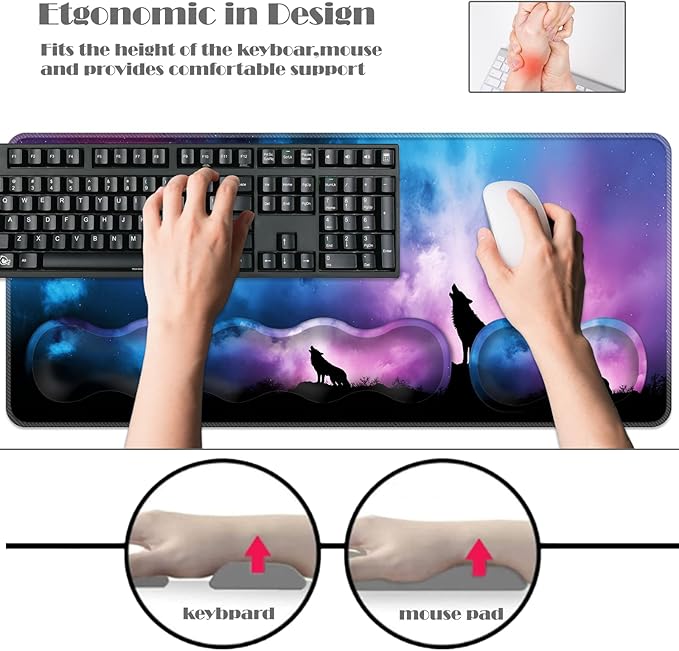 Ergonomic Keyboard Wrist Rest &amp Mouse Pad Wrist Rest SetXL Gaming Desk Mat 31.5x 11.8Non-Slip BaseMemory FoamEasy Typing Pain Relief for Office &amp HomeHowling Wolf Colorful Starry